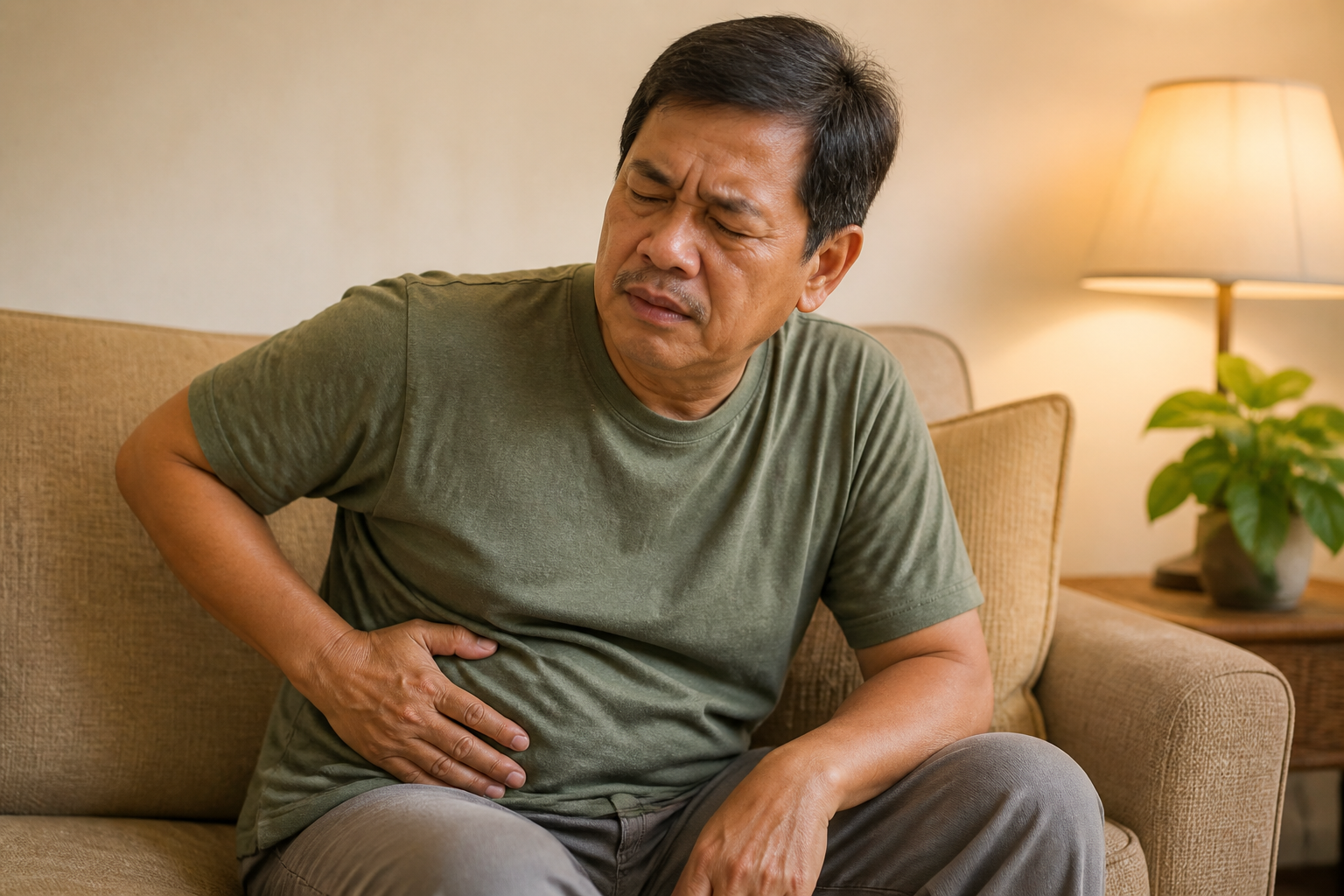 Filipino man in his 50s seated on a couch