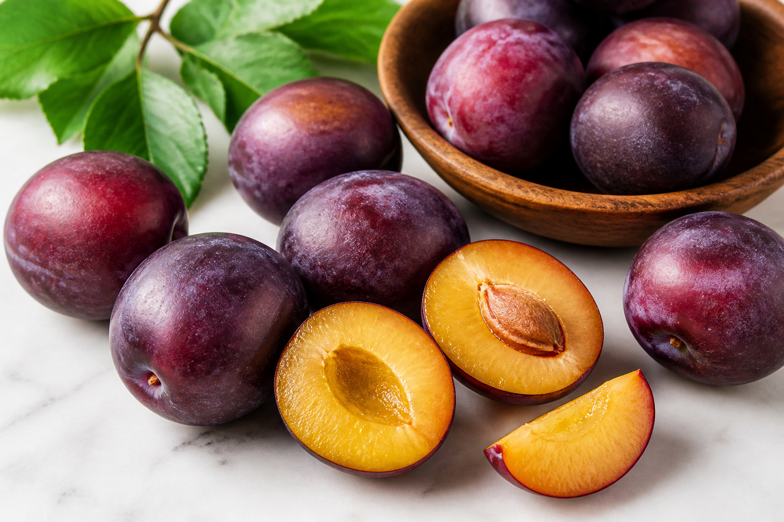 Close-up of Do Plums Really Work as a Natural Laxative? as fresh whole and cut fruit on a clean wooden or marble surface
