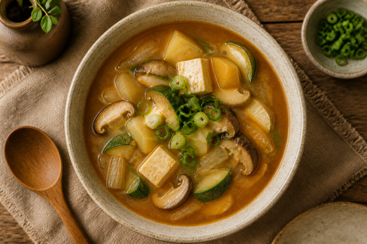 Overhead shot of Doenjang Vegetable Soup plated appetizingly in a ceramic bowl