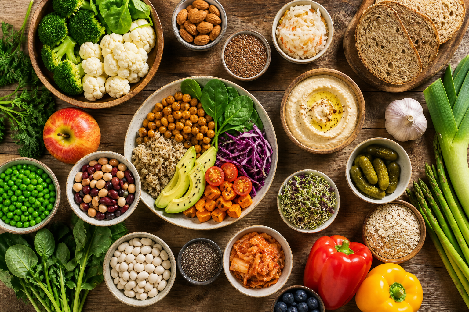 Overhead flat lay of foods representing Does Vegan Automatically Mean Better Gut Health? arranged beautifully on a wooden surface