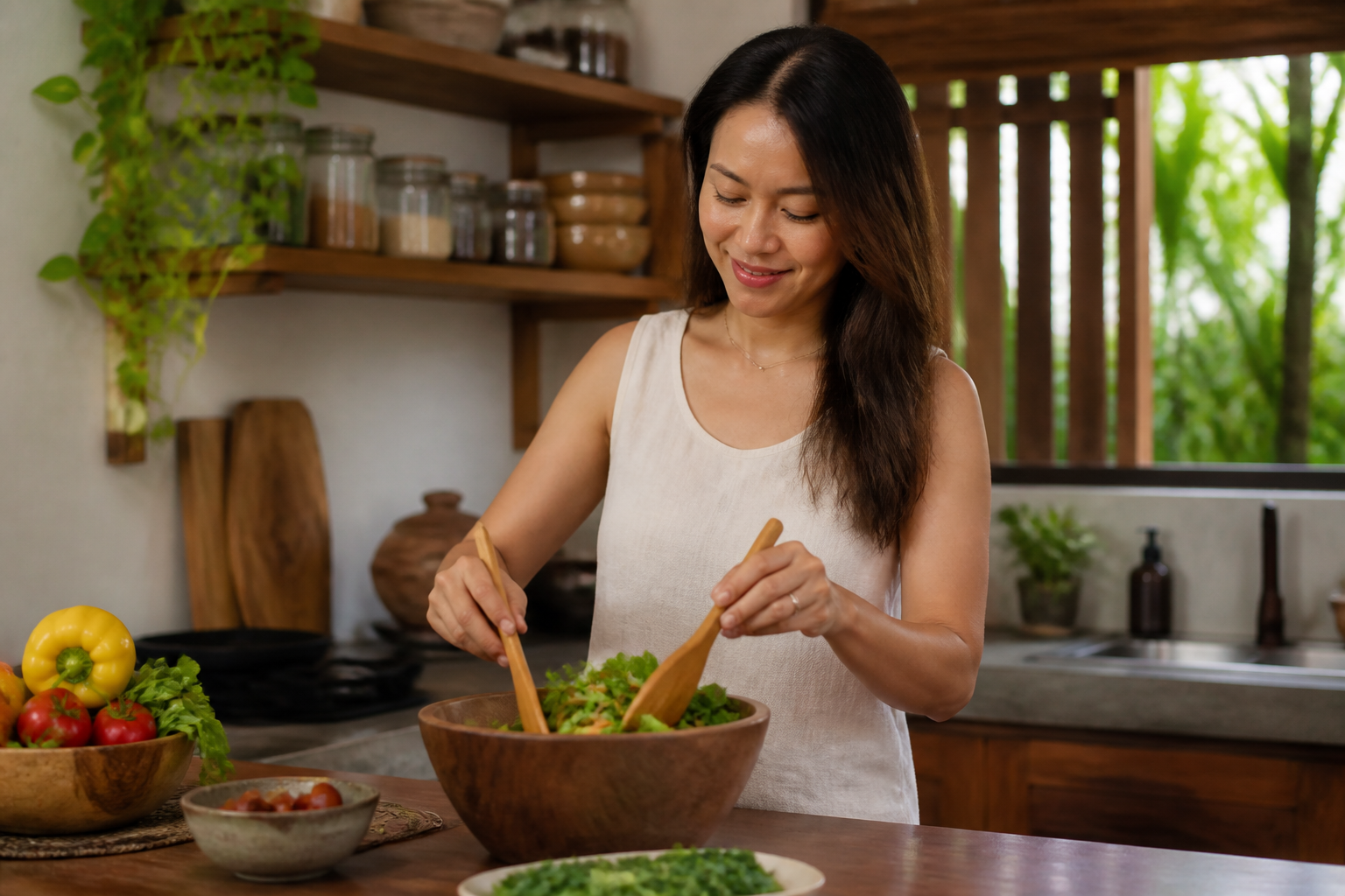 Filipino woman in her 30s in a warm home kitchen
