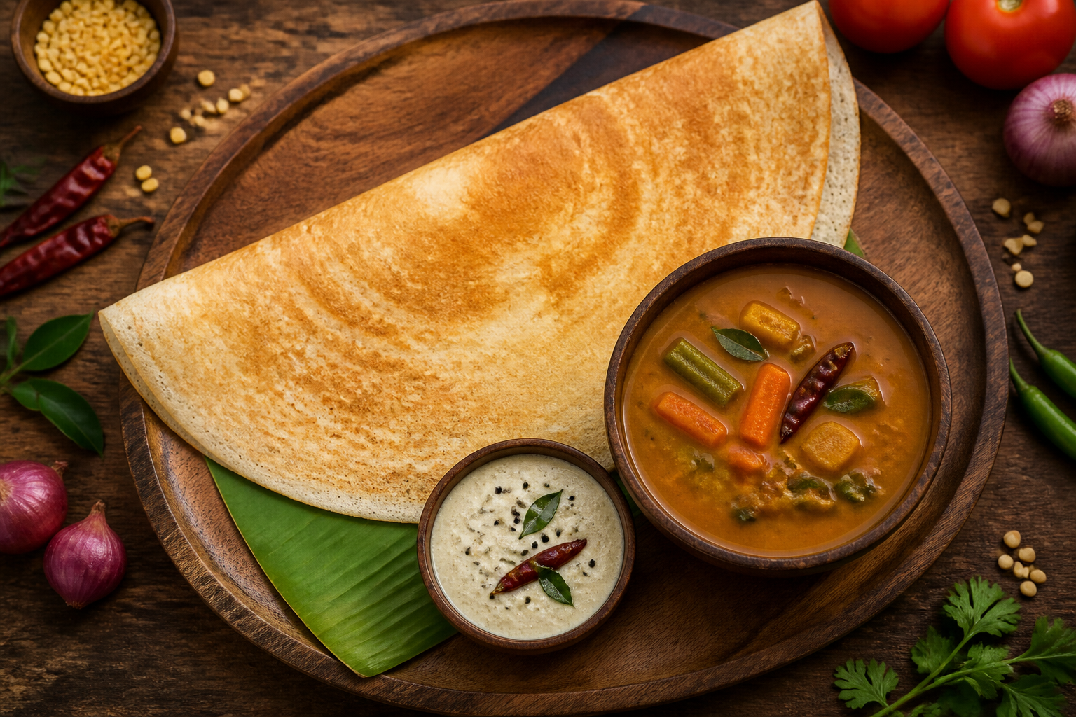 Overhead shot of Dosa with Sambar plated appetizingly in a wooden board