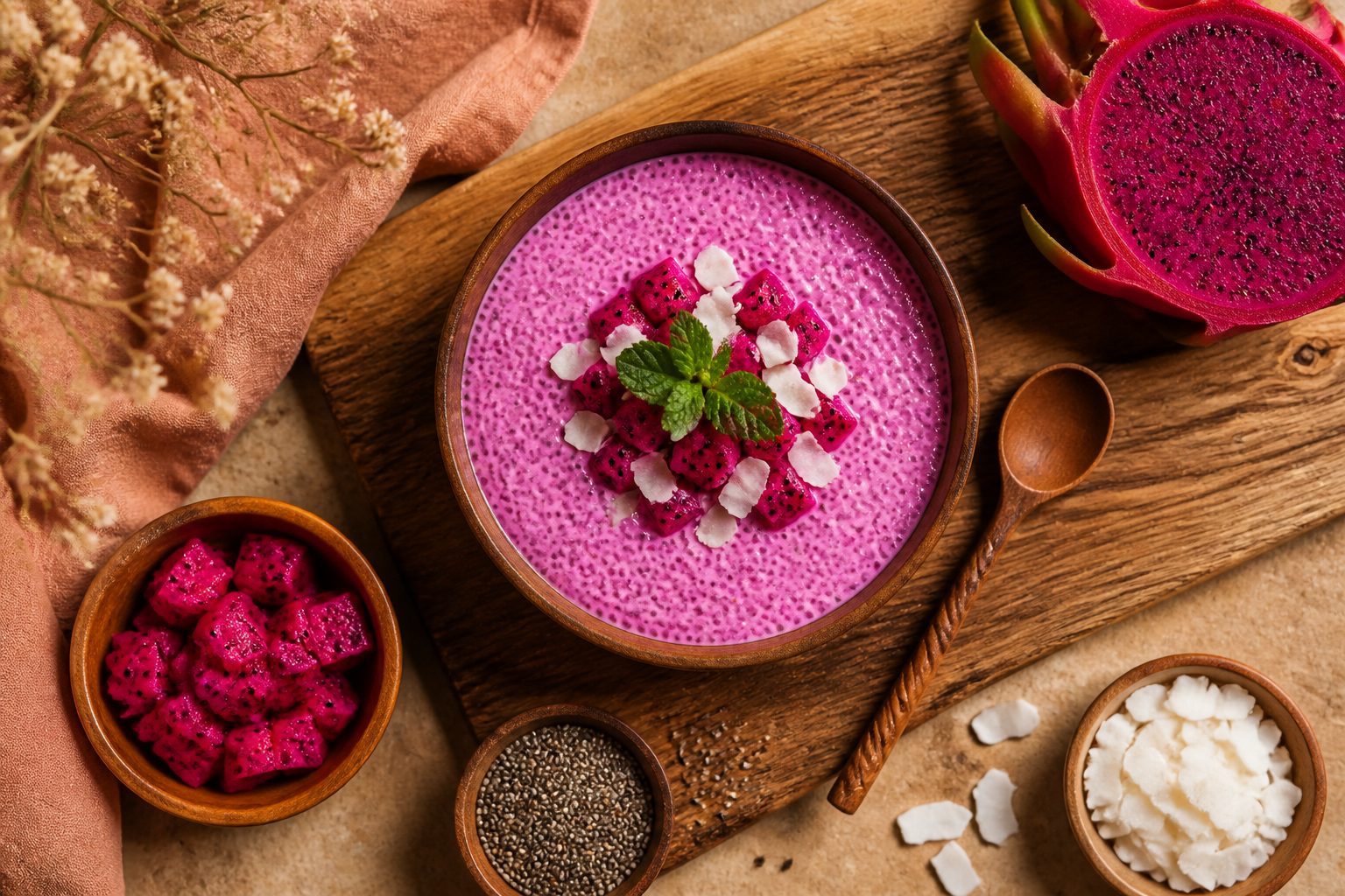 Overhead shot of Dragon Fruit Chia Pudding plated appetizingly in a wooden board