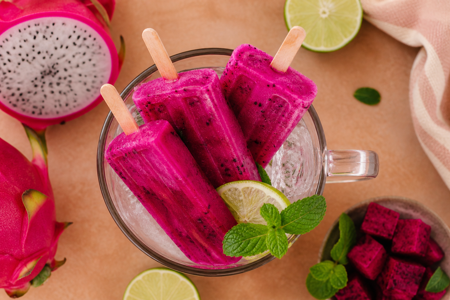 Overhead shot of Dragon Fruit Lime Popsicles plated appetizingly in a tall glass or mug