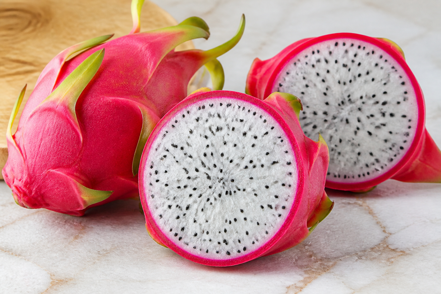 Close-up of Dragon Fruit as fresh whole and cut fruit on a clean wooden or marble surface