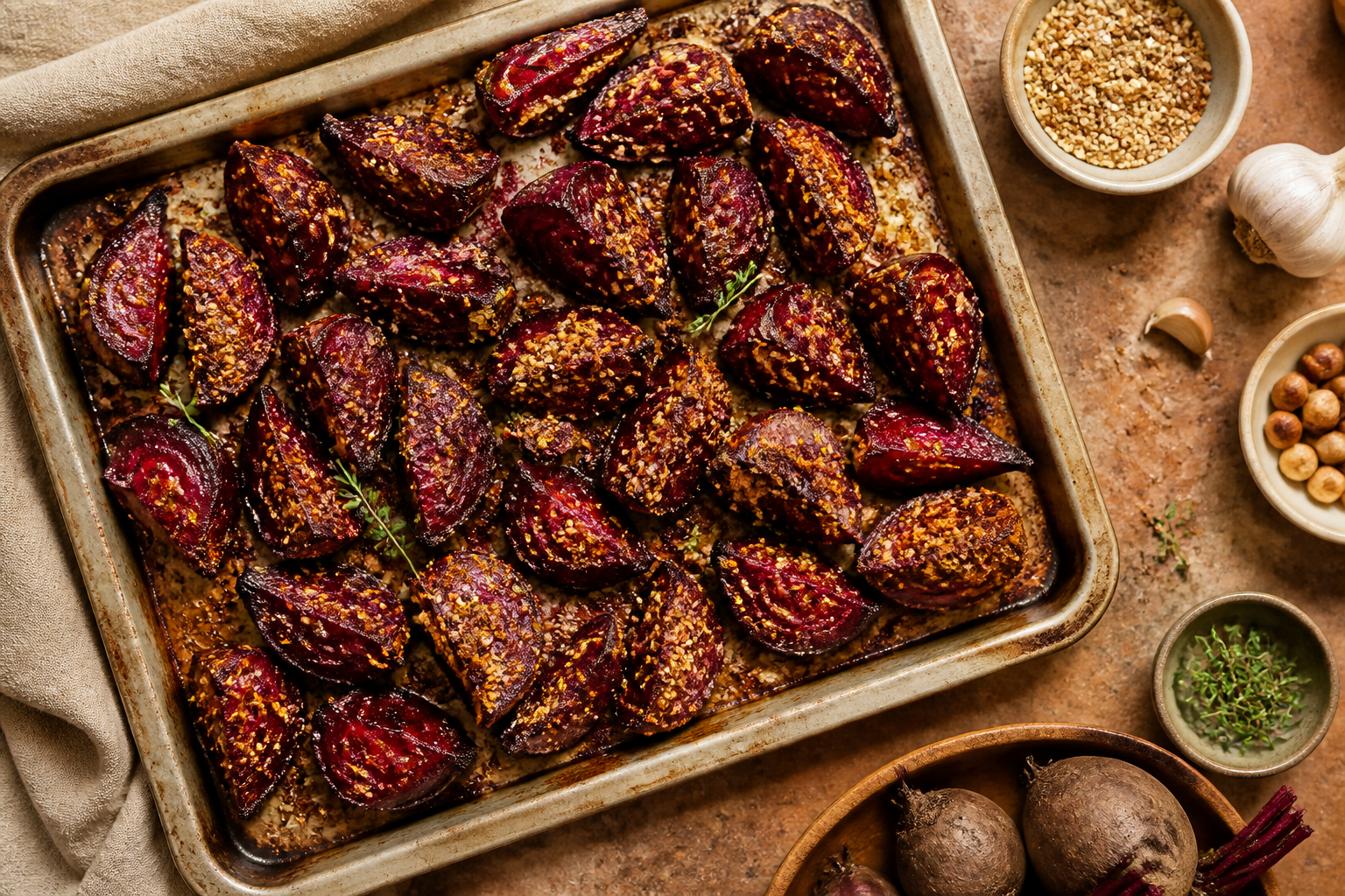 Overhead shot of Dukkah Crusted Roasted Beets plated appetizingly in a baking tray