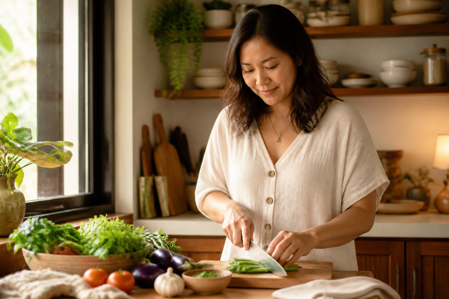 Filipino woman in her 30s in a warm home kitchen