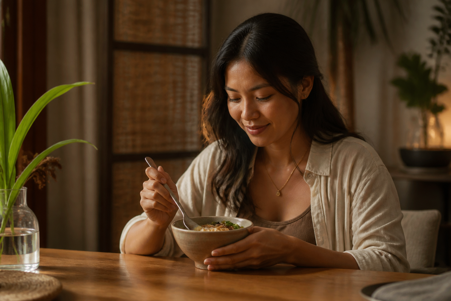 Filipino woman in her 20s slowly eating a small bowl of food alone at a table