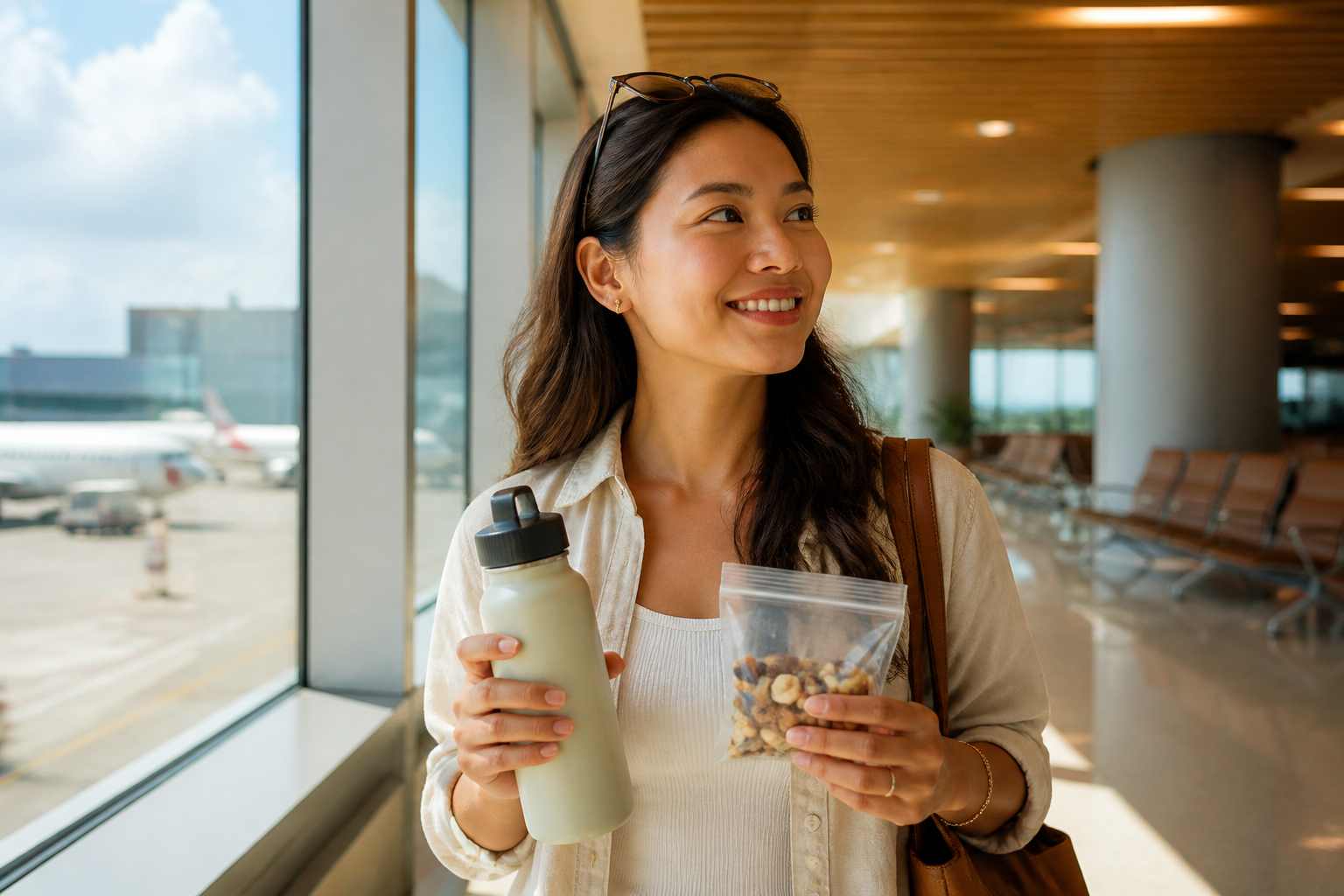 Filipino woman at an airport terminal holding a reusable water bottle and a small bag of healthy snacks