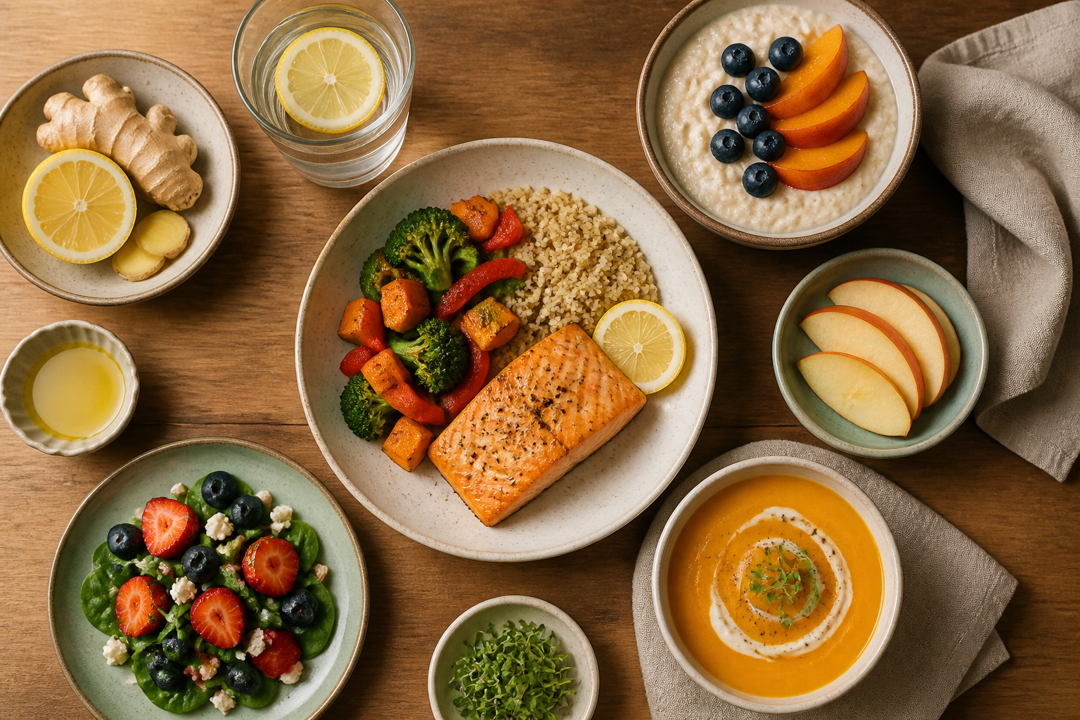 Overhead editorial still life related to Eating When Chemo Changes How Food Tastes on a warm wooden surface
