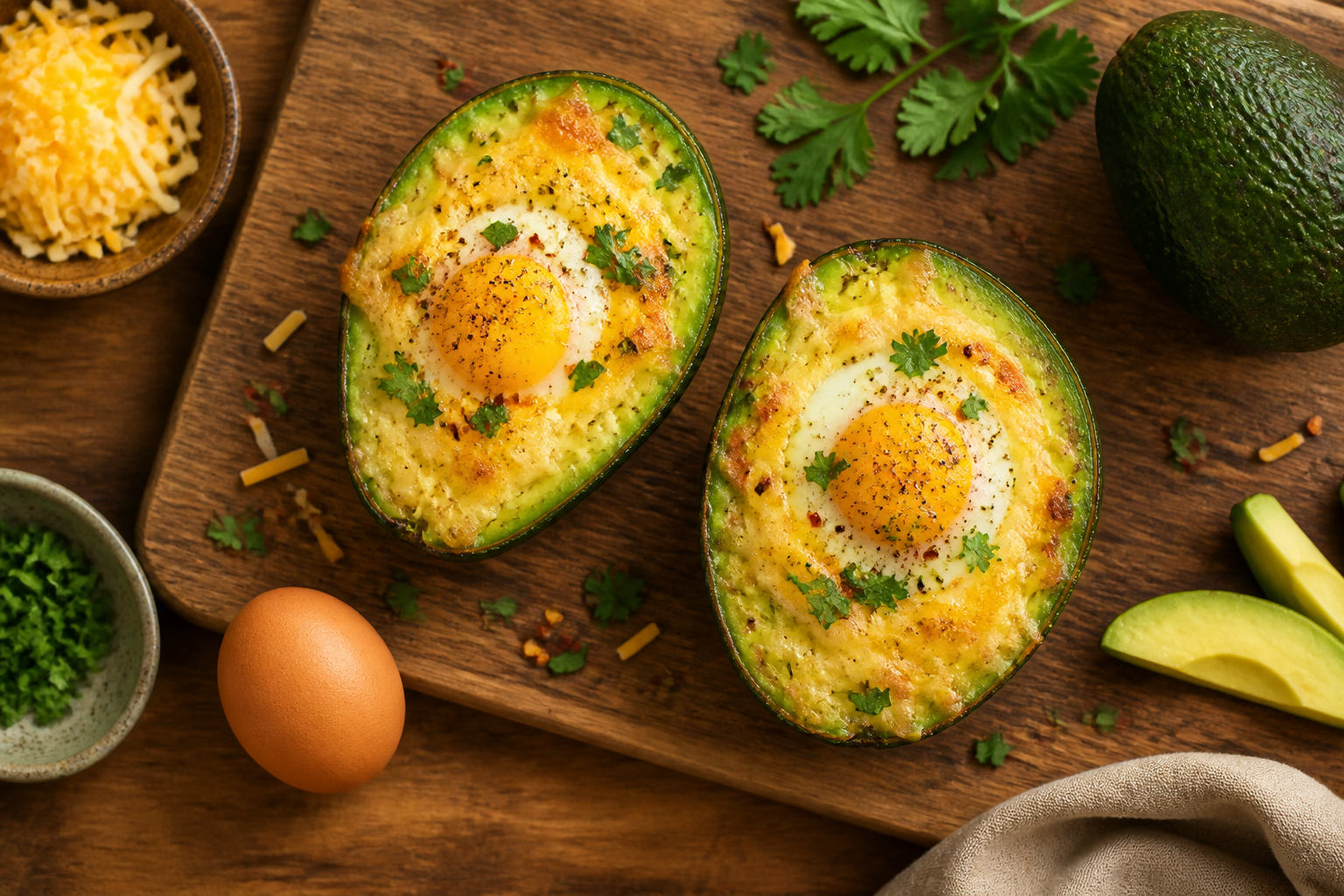 Overhead shot of Egg and Cheese Stuffed Avocado plated appetizingly in a wooden board