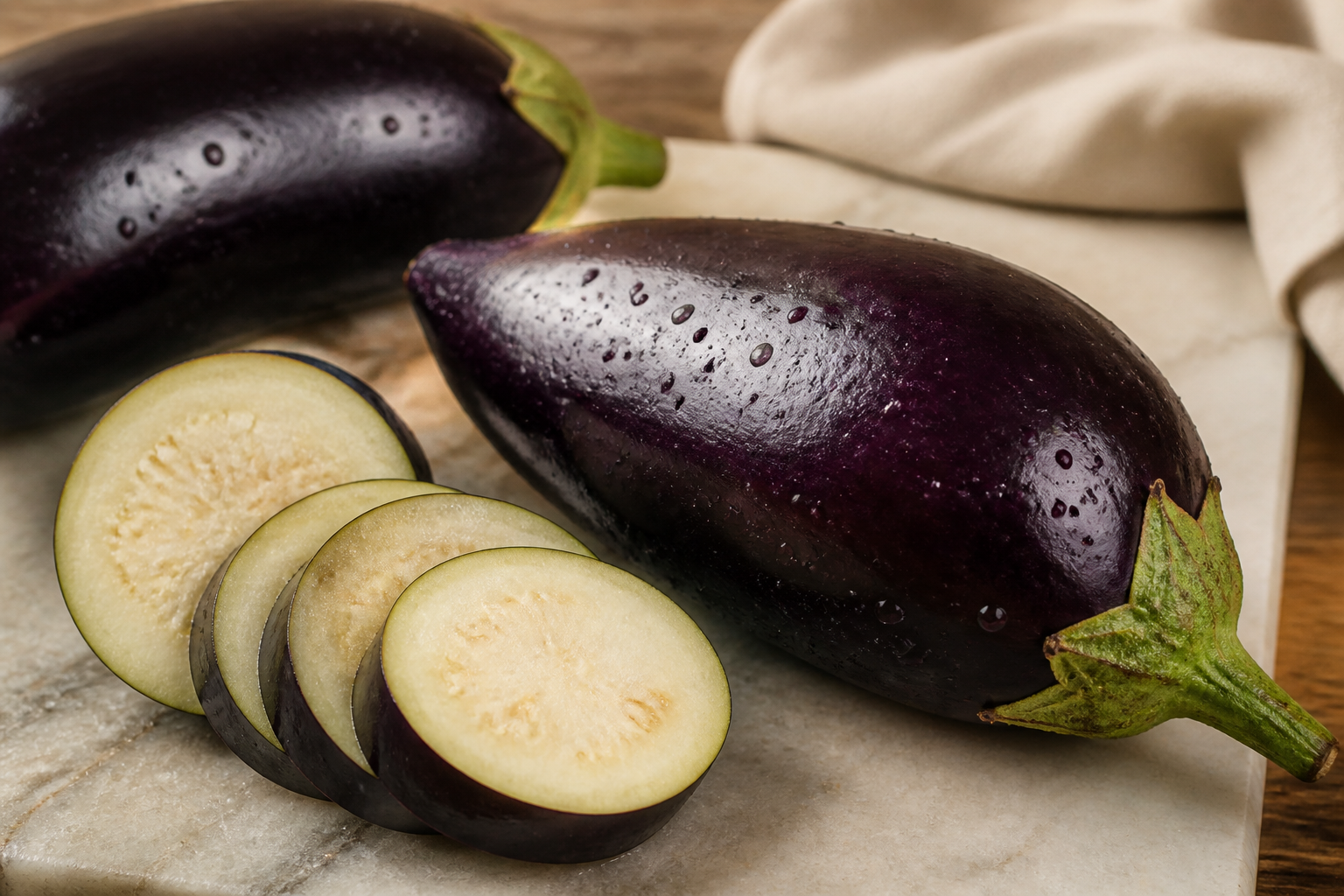 Close-up editorial still life of Eggplant on a clean wooden or marble surface