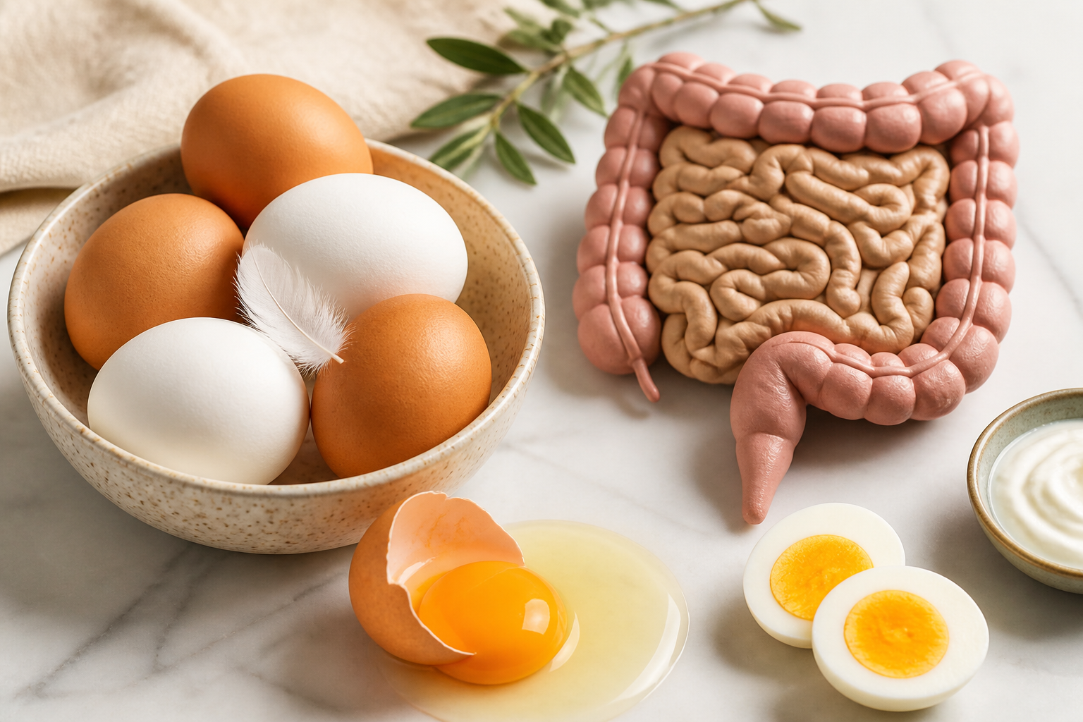Close-up editorial still life of Eggs and Your Gut on a clean wooden or marble surface