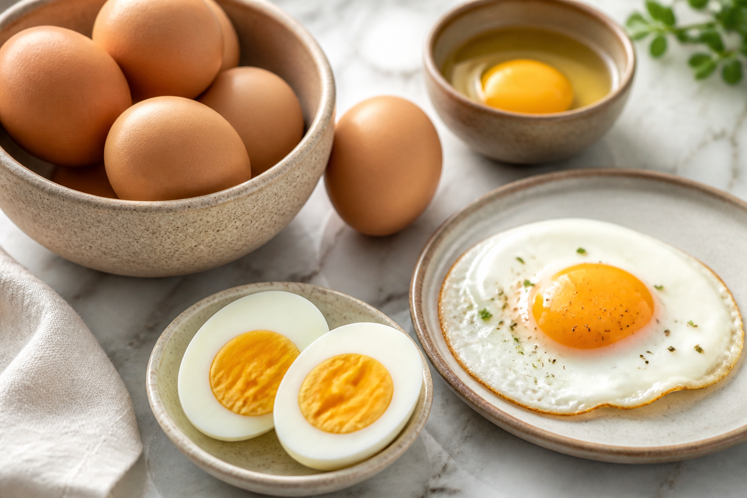 Close-up editorial still life of Eggs and Your Gut on a clean wooden or marble surface
