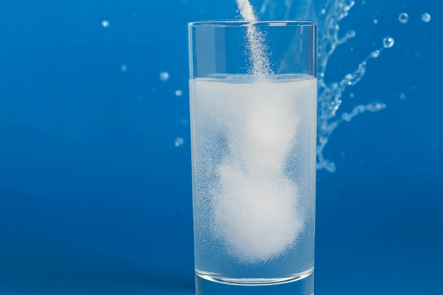 Torn electrolyte packet beside water glass
