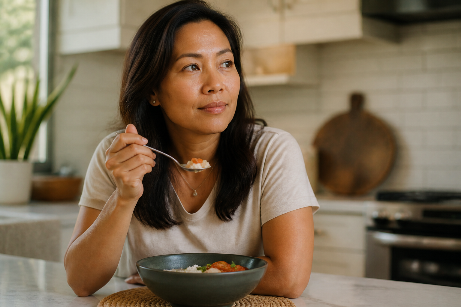 Filipino woman in her 30s at a kitchen counter with bowl of food, hand paused before eating