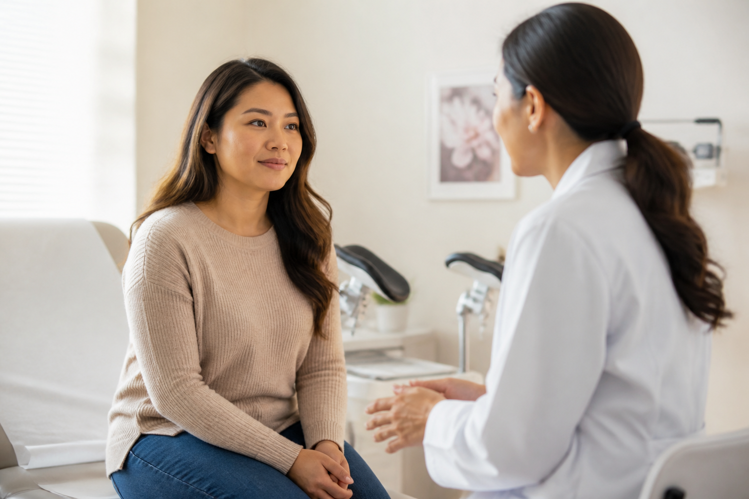 Filipino woman in her 30s at a gynecologist's office