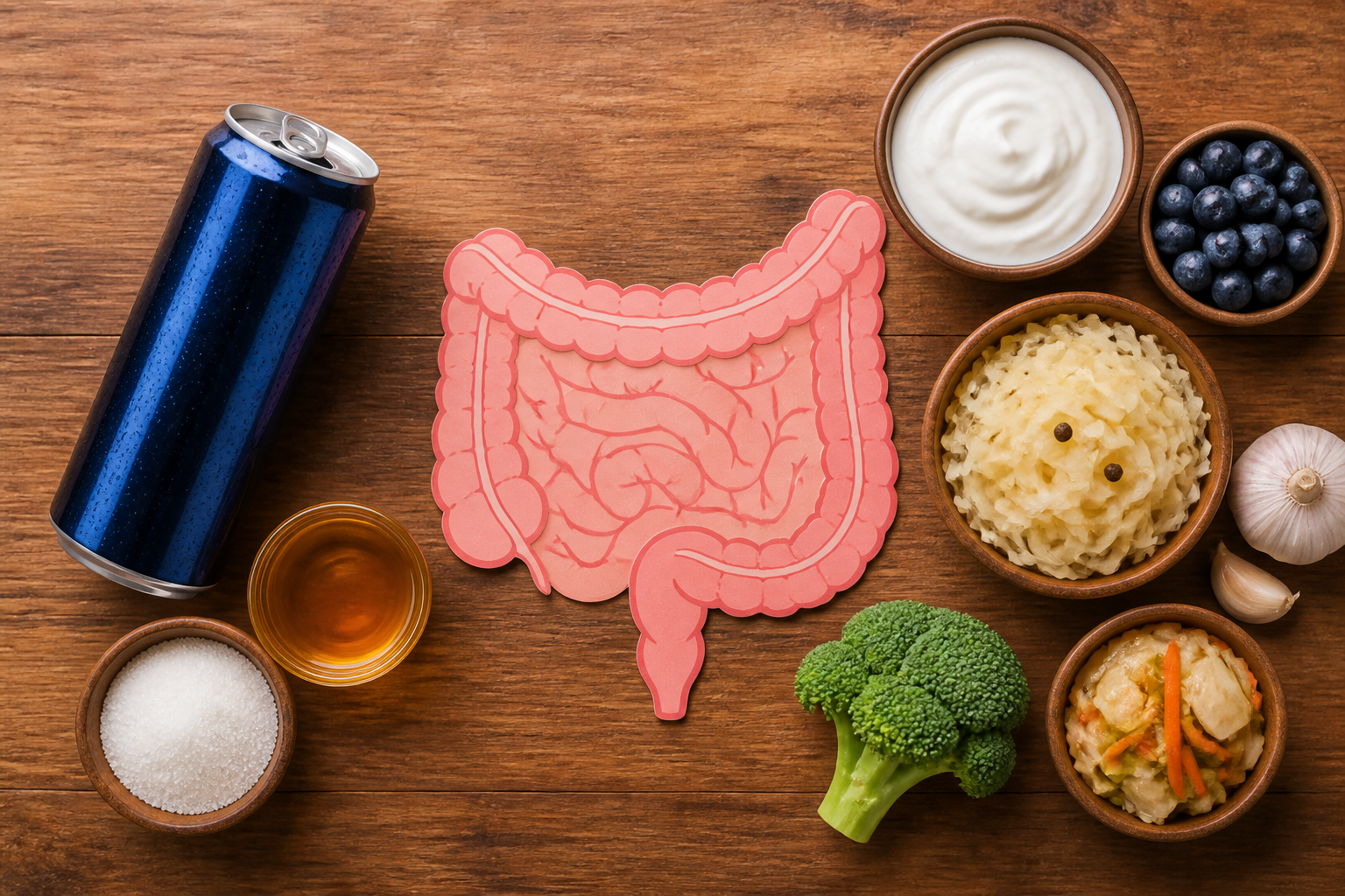 Overhead editorial still life related to Energy Drinks and Your Gut on a warm wooden surface