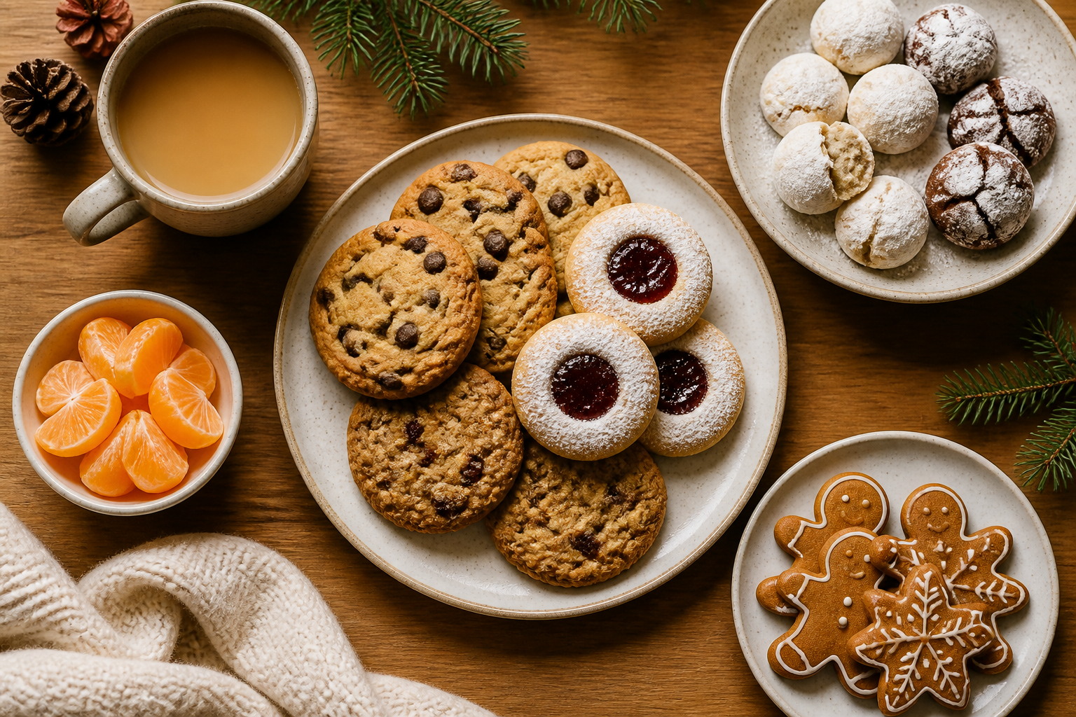 Overhead editorial still life related to Enjoying Cookie Season Without Setting Yourself Up for January on a warm wooden surface