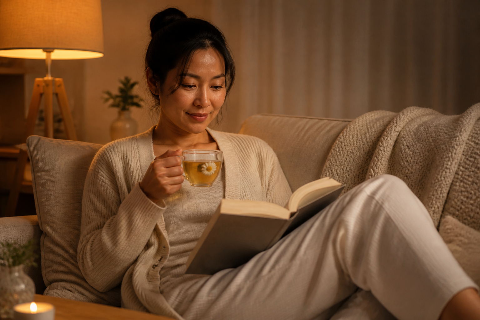 Filipino woman in her 30s on a couch in soft home clothing