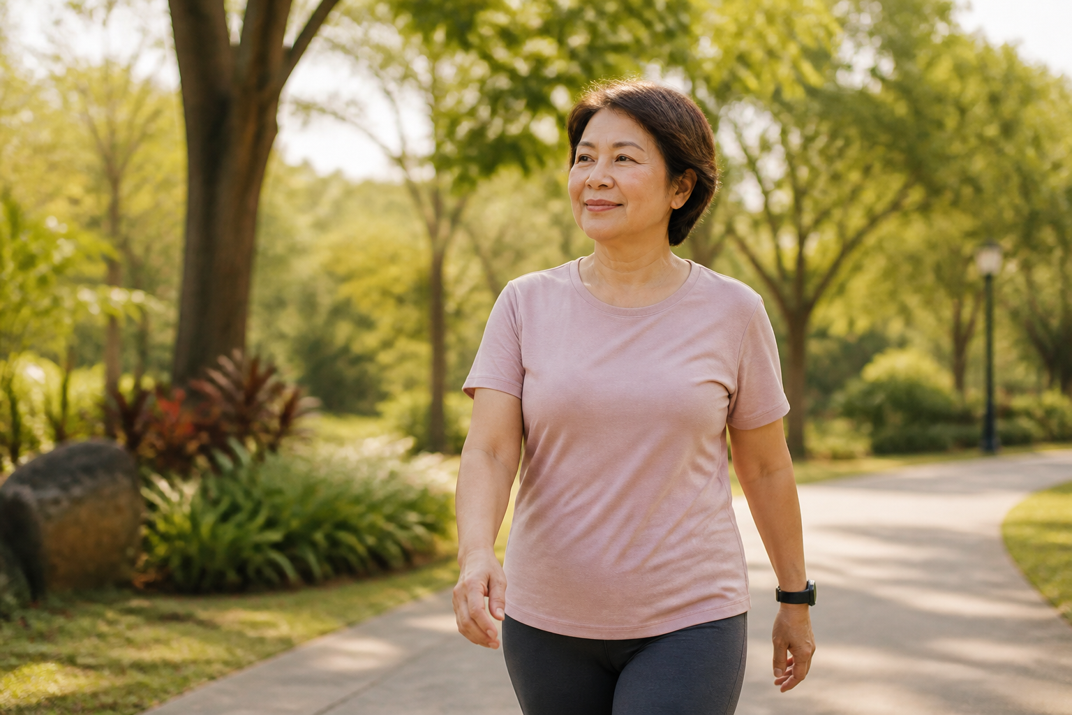 Filipino woman in her 50s doing a gentle walk in a park