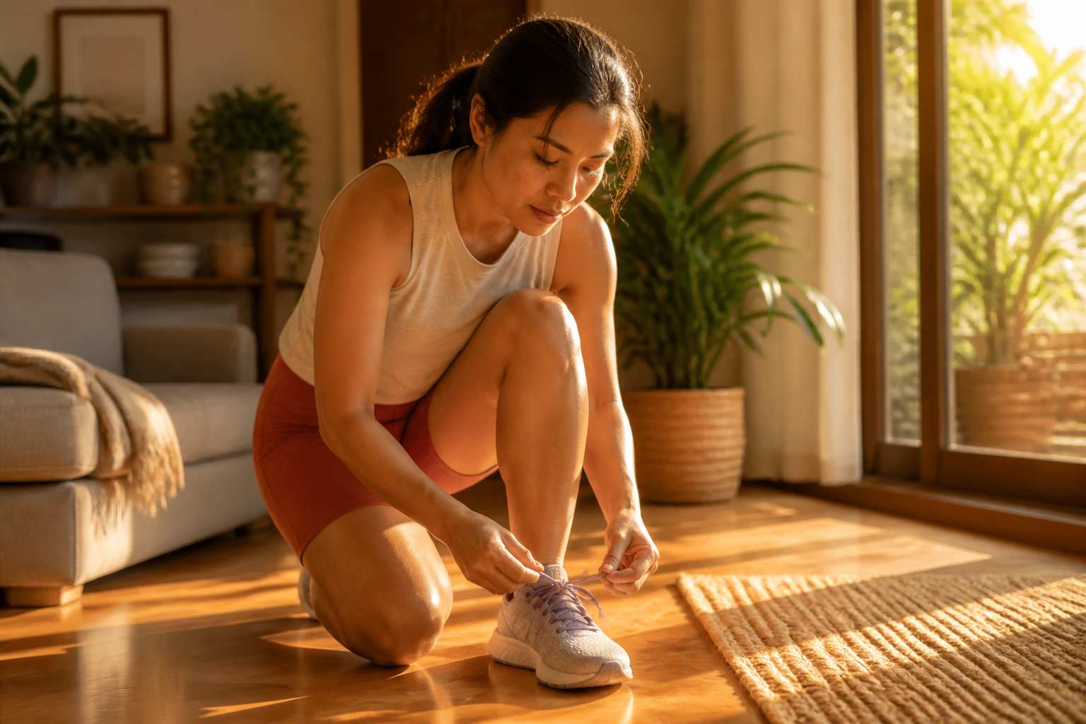 Filipino woman in her 30s lacing up running shoes in her home at a specific time of day shown by warm afternoon light