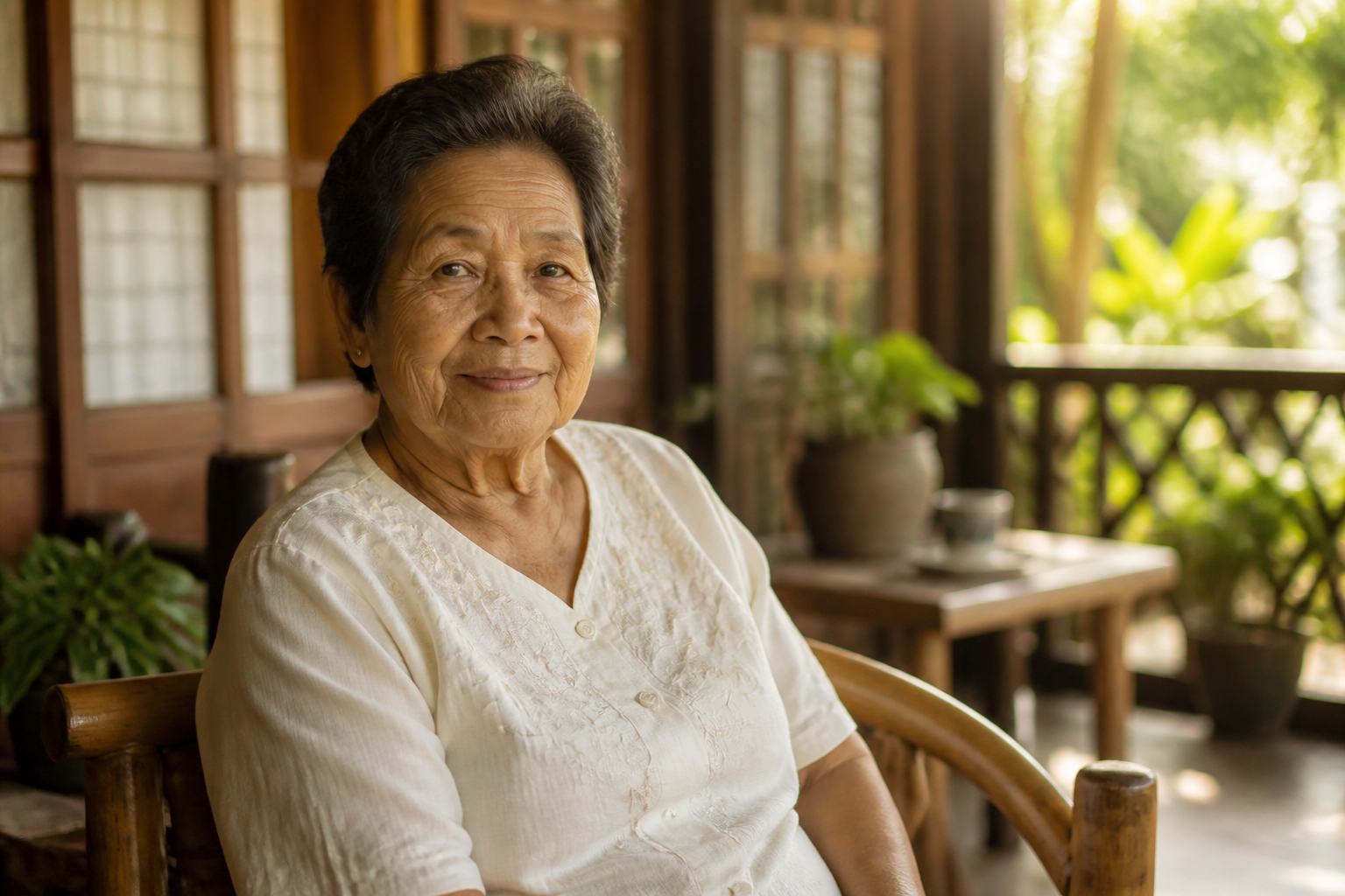 Filipino adult in their 70s in a warm home setting