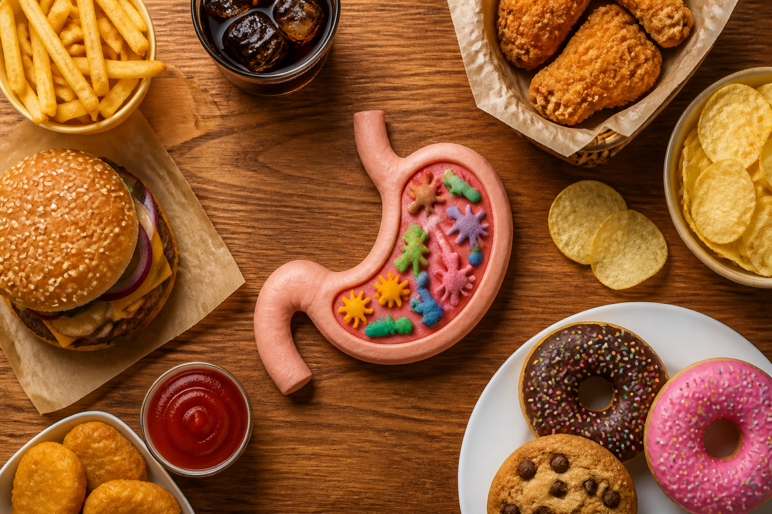 Overhead editorial still life related to Fast Food and Your Gut on a warm wooden surface