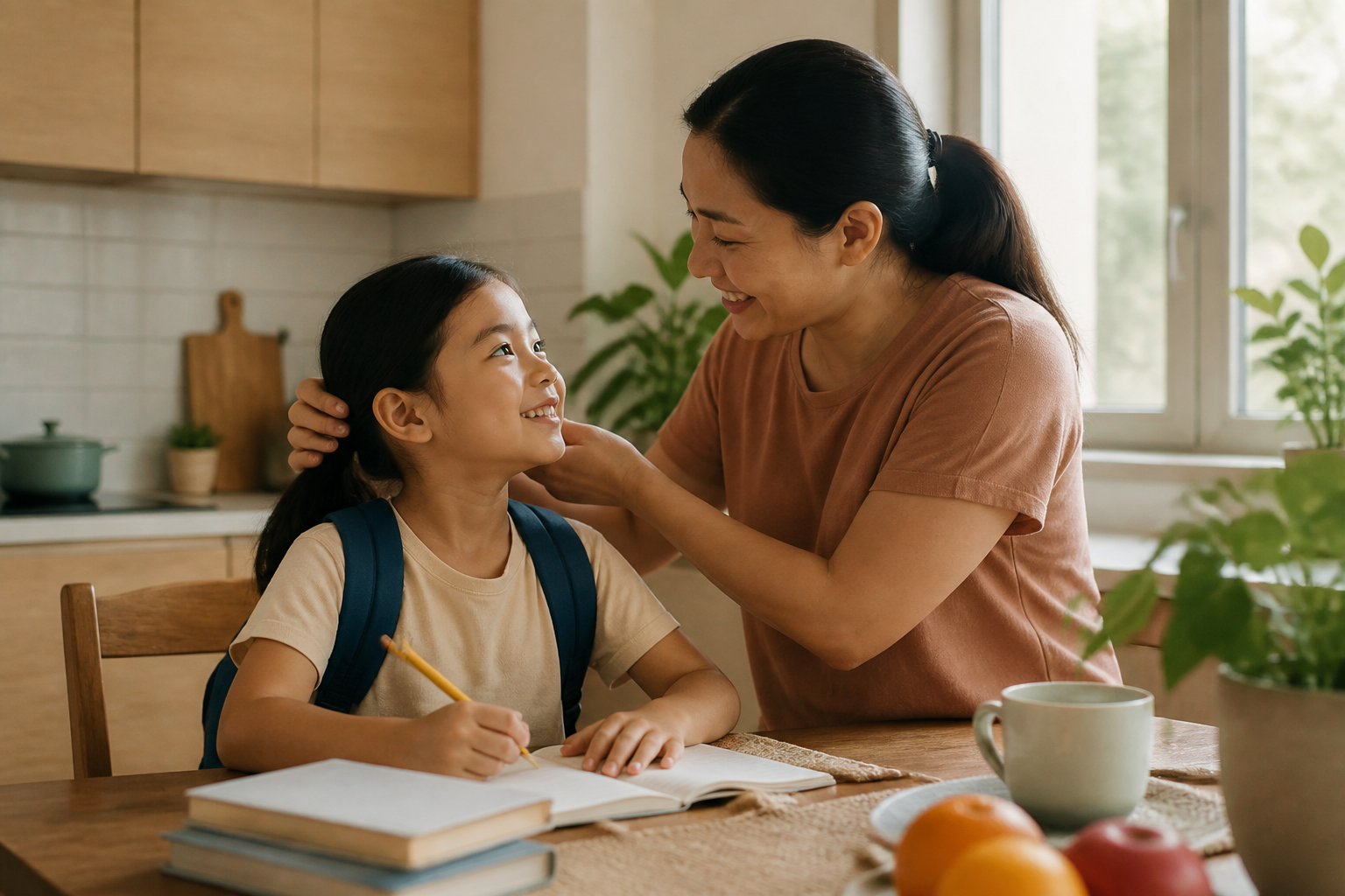 Filipino parent with a child age 6-8 in a warm home kitchen