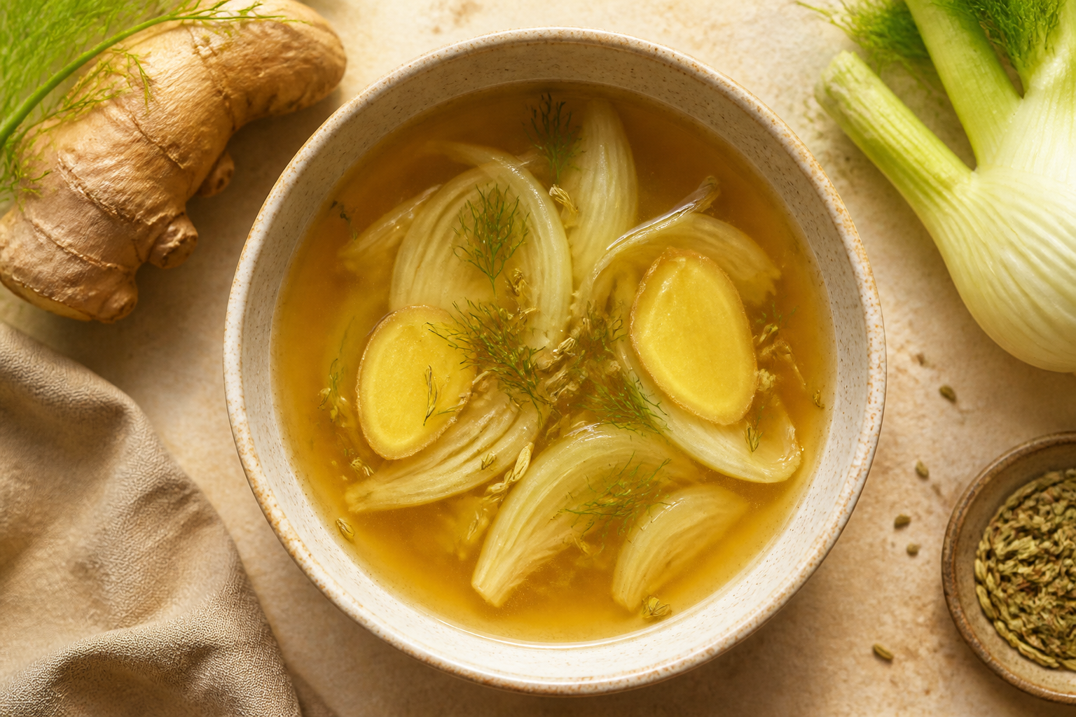 Overhead shot of Fennel and Ginger Digestive Broth plated appetizingly in a ceramic bowl