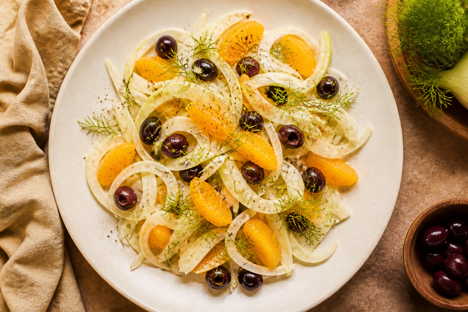 Overhead shot of Fennel and Orange Salad with Olives plated appetizingly in a wide clean plate
