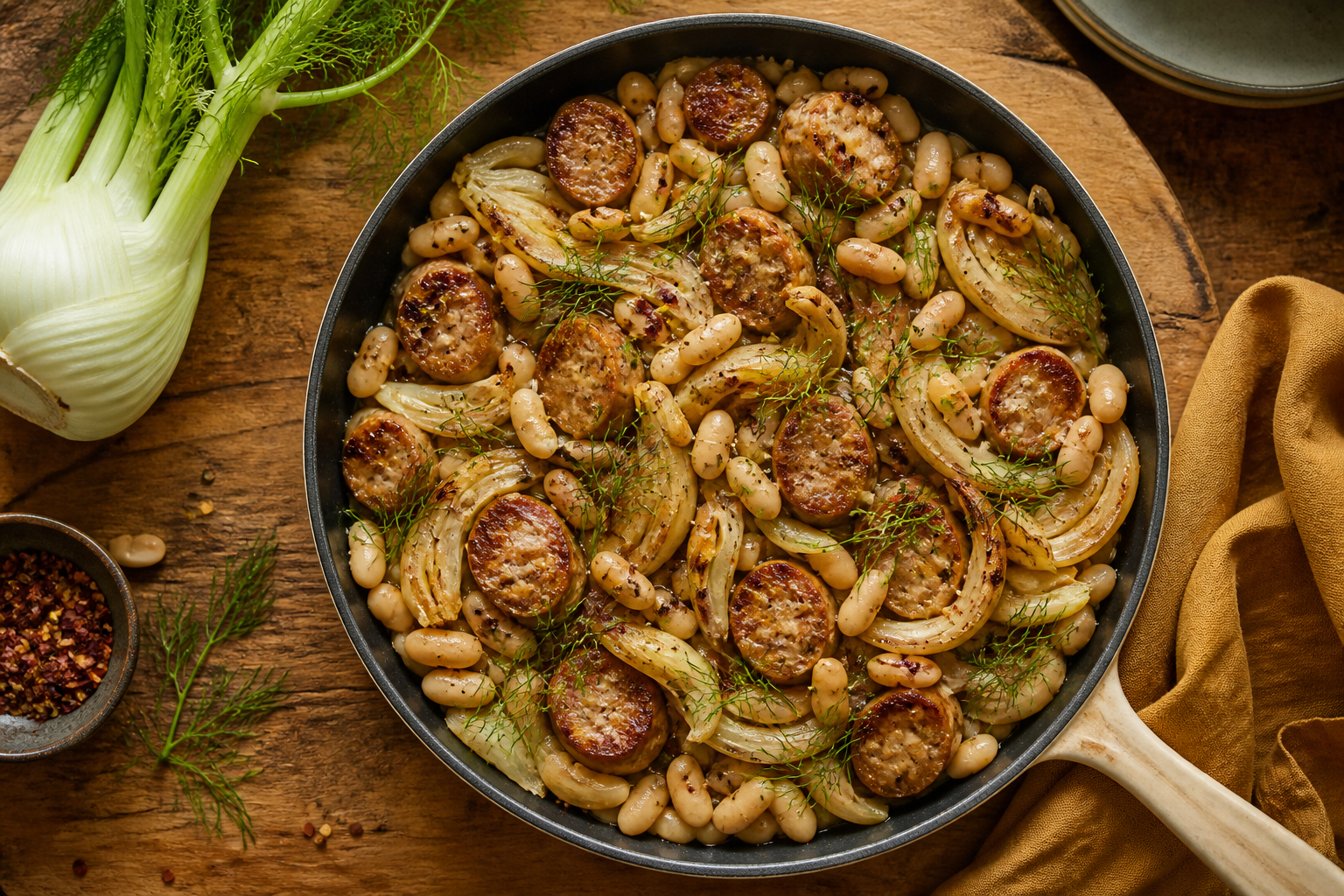 Overhead shot of Fennel Sausage and White Bean Skillet plated appetizingly in a wooden board
