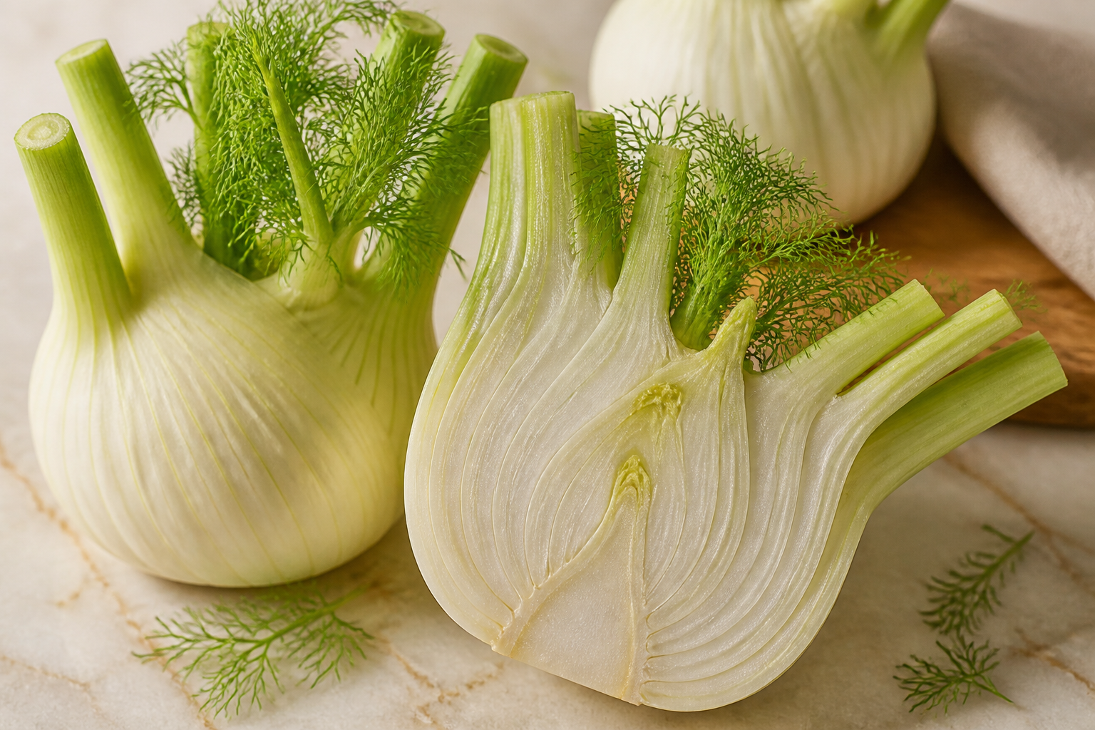 Close-up editorial still life of Fennel on a clean wooden or marble surface