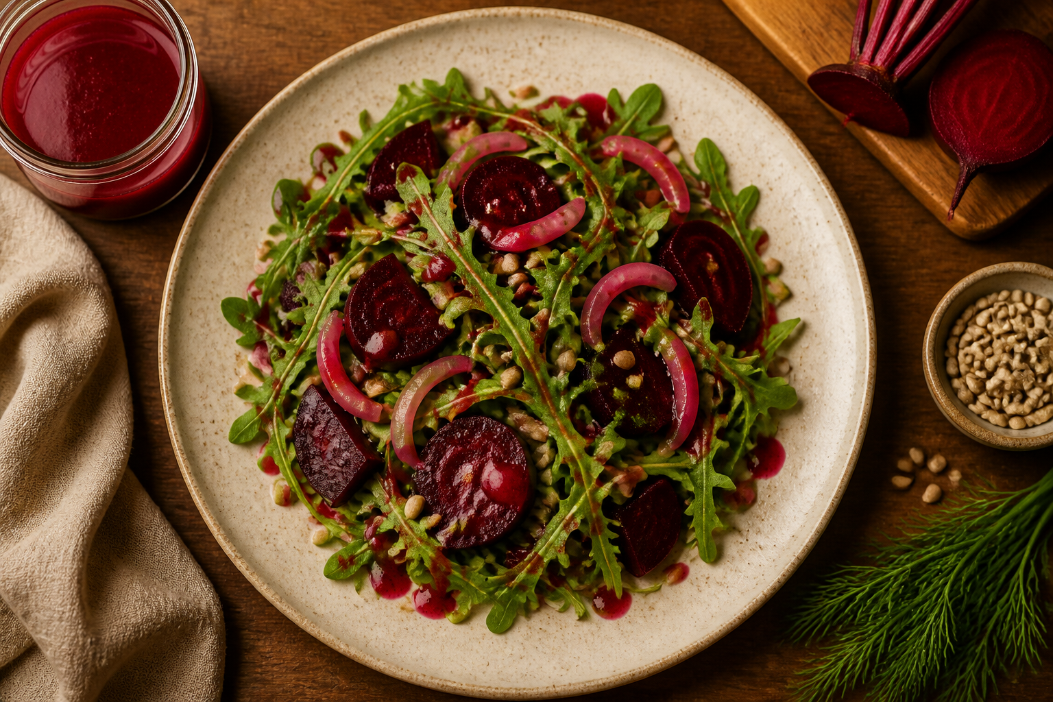 Overhead shot of Fermented Beet Kvass Salad Dressing plated appetizingly in a wide clean plate
