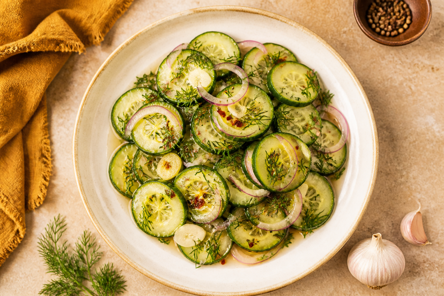 Overhead shot of Fermented Cucumber Salad plated appetizingly in a wide clean plate