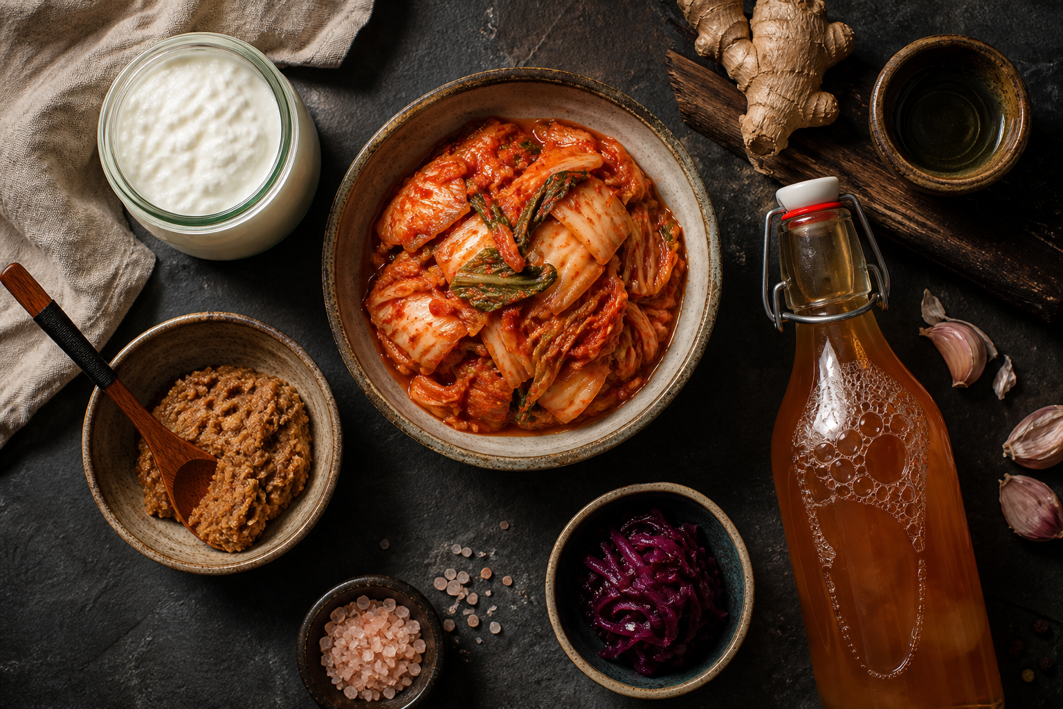 Overhead flat lay of diverse fermented foods on dark slate with warm accent lighting