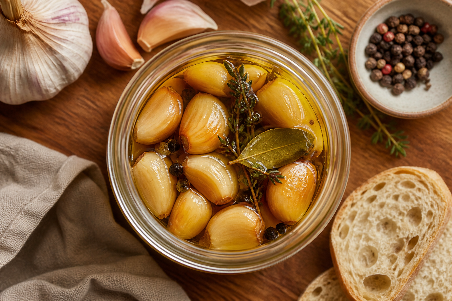 Overhead shot of Fermented Garlic Confit plated appetizingly in a mason jar