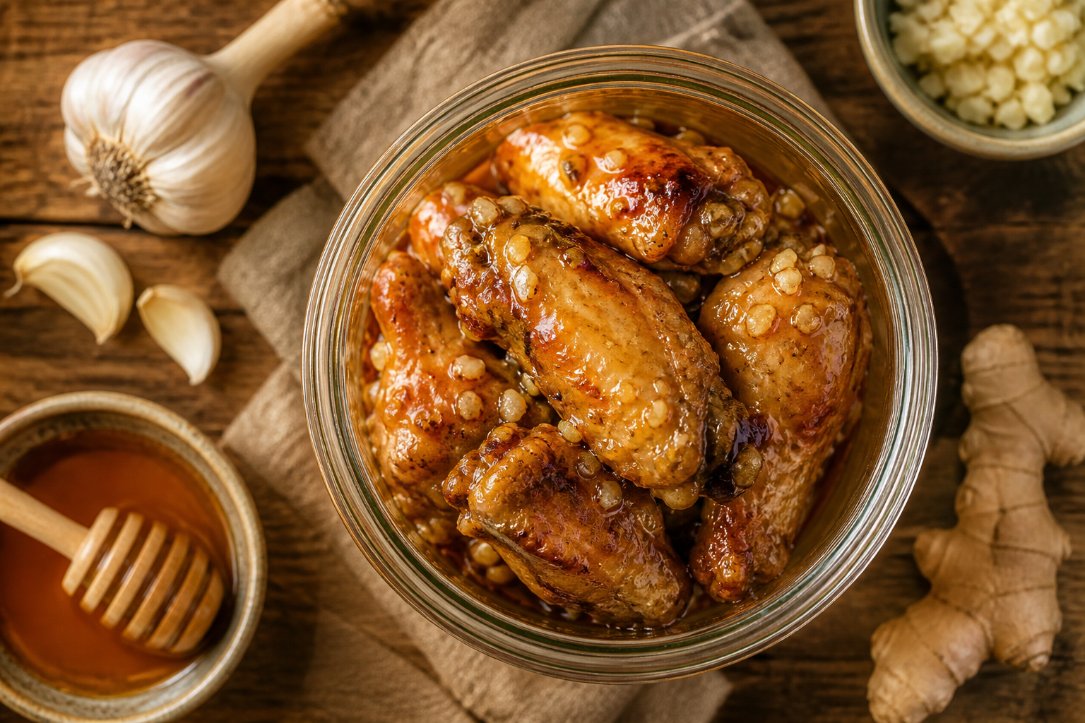Overhead shot of Fermented Garlic Honey Chicken Wings plated appetizingly in a mason jar