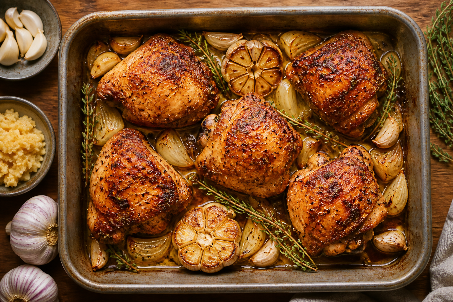 Overhead shot of Fermented Garlic Roasted Chicken Thighs plated appetizingly in a baking tray