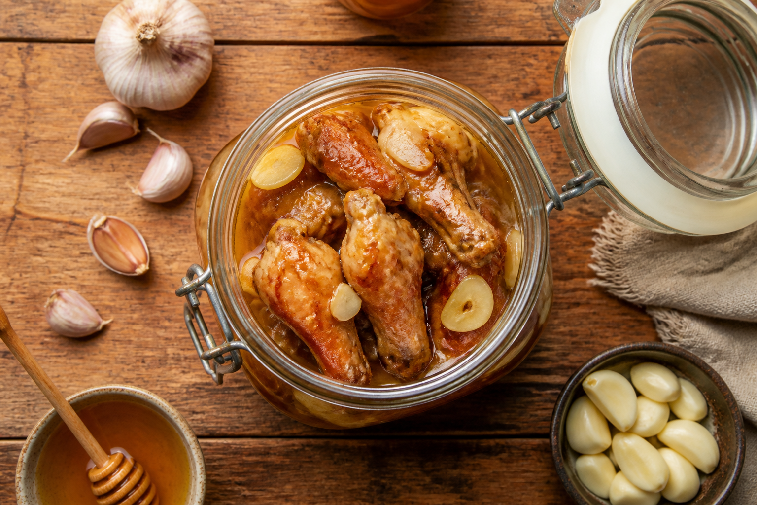 Overhead shot of Fermented Honey Garlic Wings plated appetizingly in a mason jar