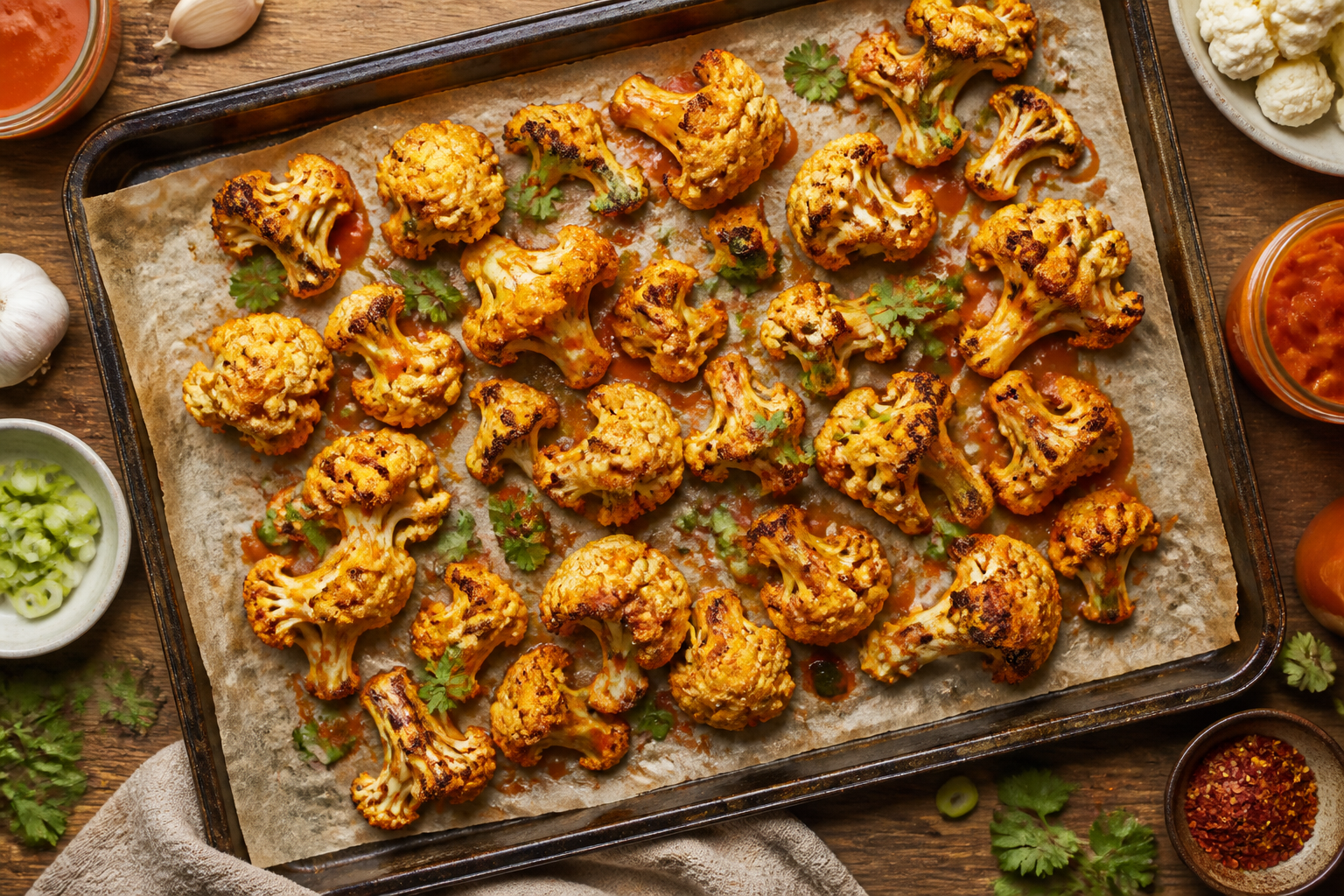 Overhead shot of Fermented Hot Sauce Roasted Cauliflower plated appetizingly in a baking tray