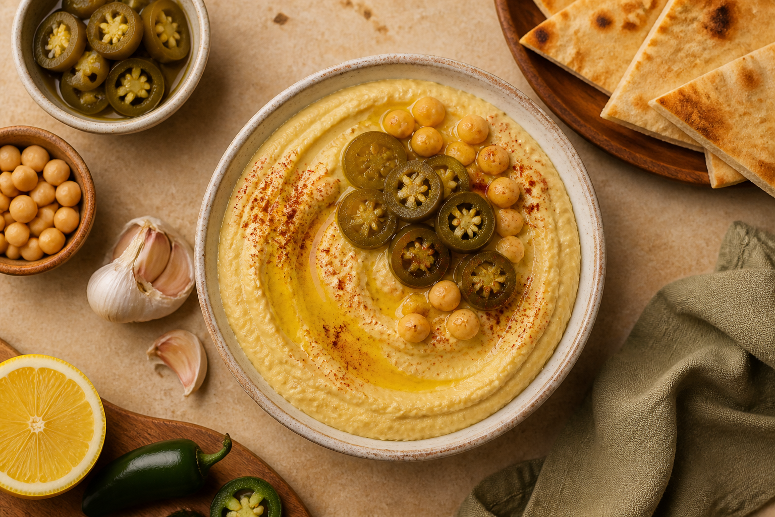 Overhead shot of Fermented Jalapeno Hummus plated appetizingly in a small ceramic bowl