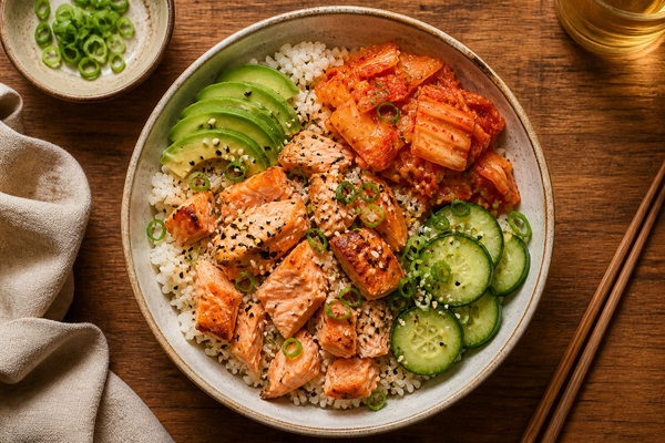 Fermented Kimchi and Salmon Rice Bowl