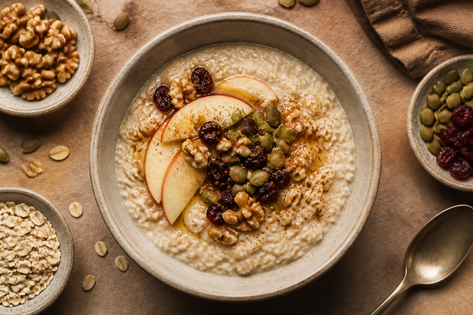 Overhead shot of Fermented Oat Porridge plated appetizingly in a ceramic bowl