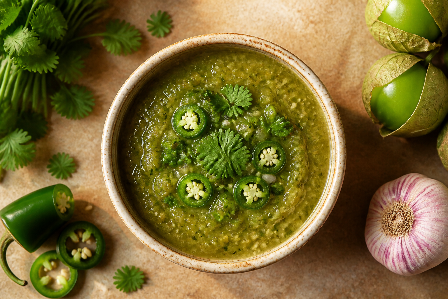 Overhead shot of Fermented Salsa Verde plated appetizingly in a small ceramic bowl