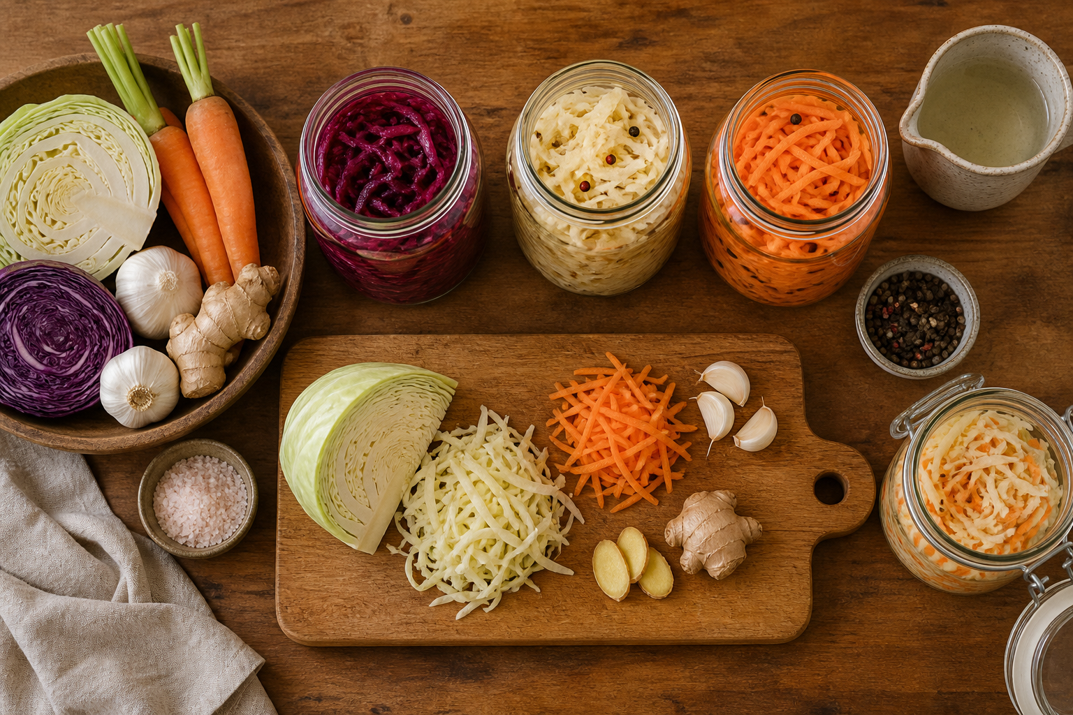 Overhead editorial still life related to Fermenting Vegetables at Home