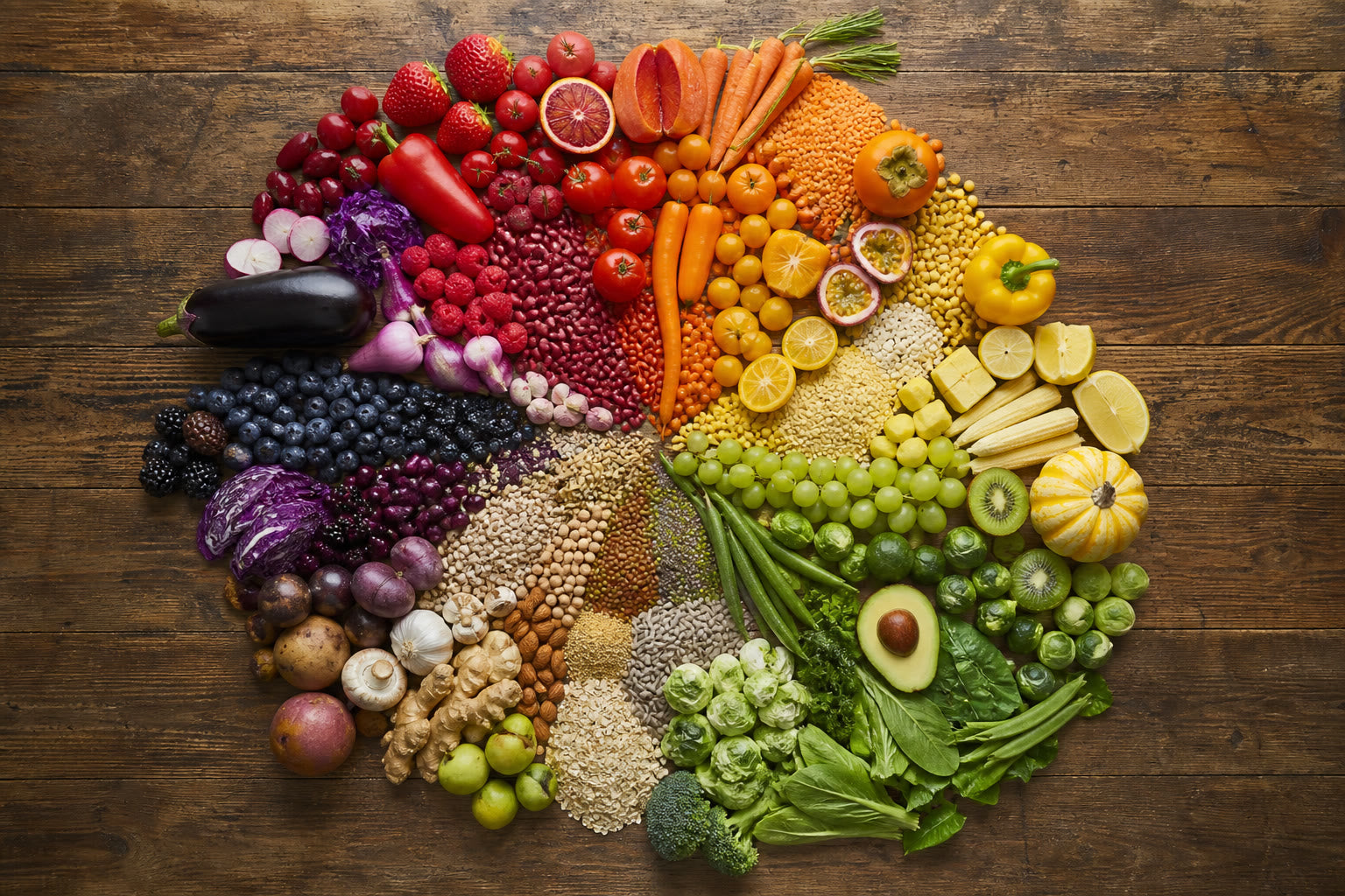 An overhead flat-lay of many small piles of vegetables, fruits, legumes, and grains on a wooden table.