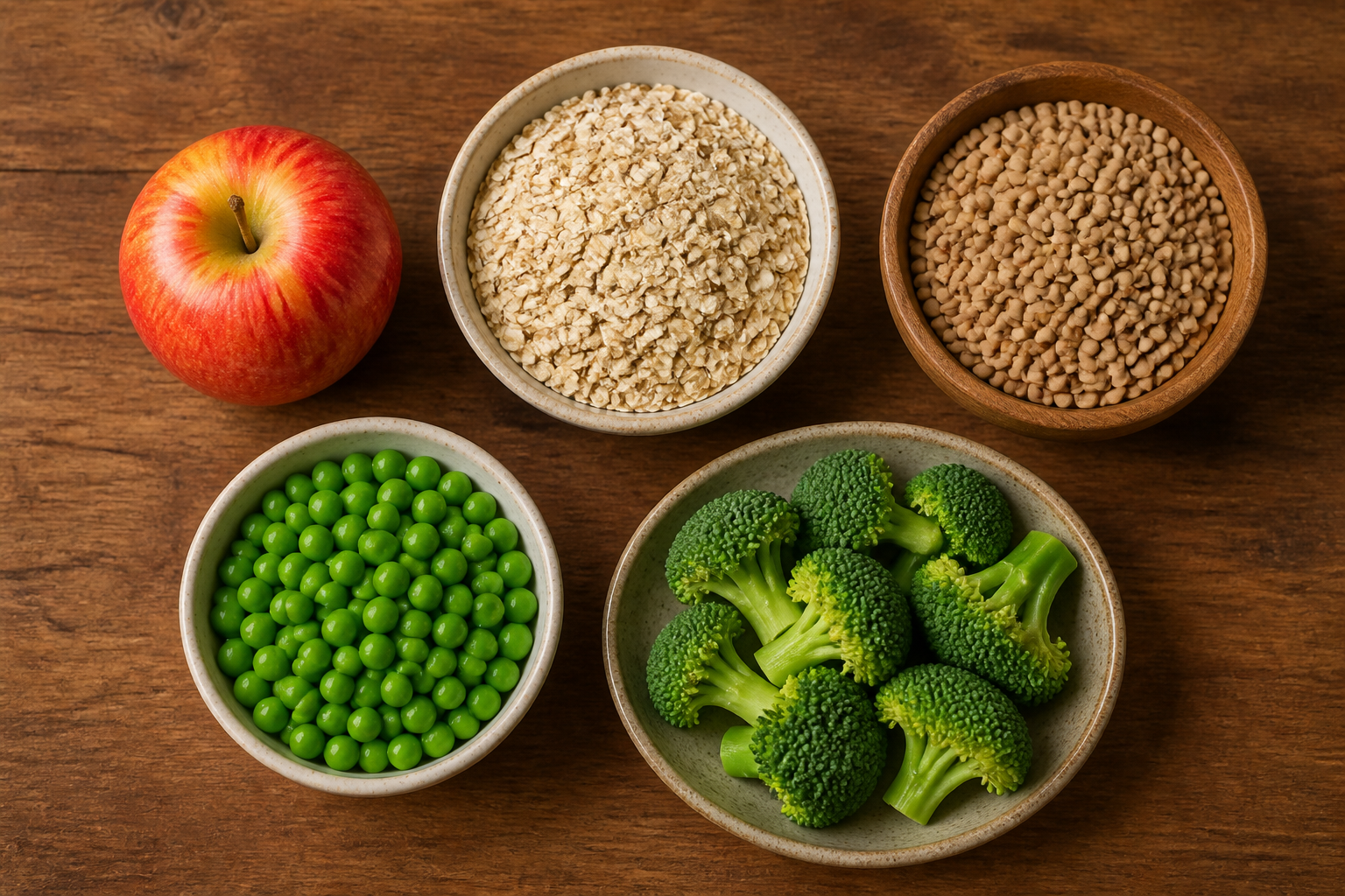 Overhead flat lay of high-fiber foods in simple serving sizes — an apple