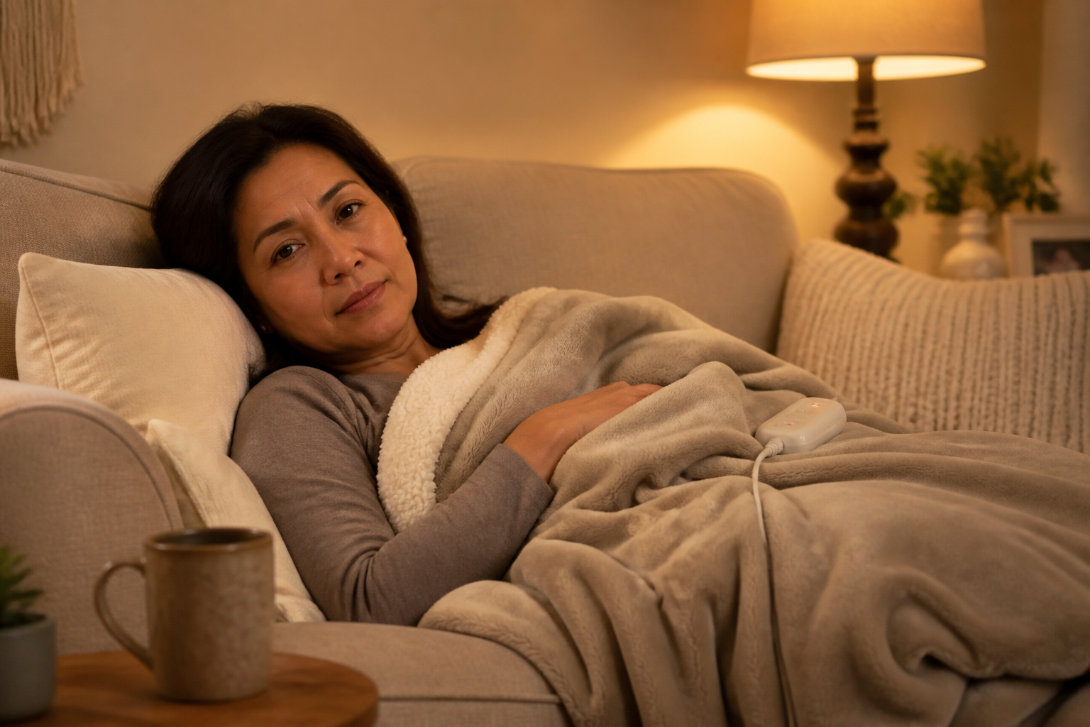 Filipino woman in her 40s lying on a couch with a heated blanket
