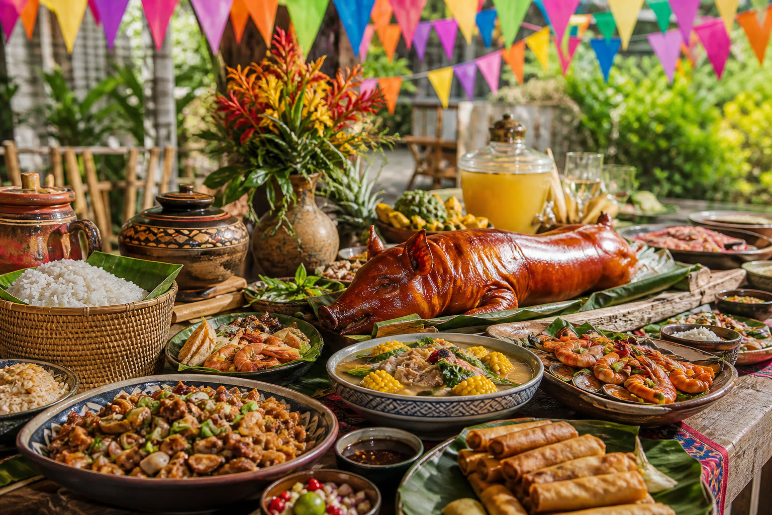 Festive outdoor fiesta table with lechon and rich communal dishes